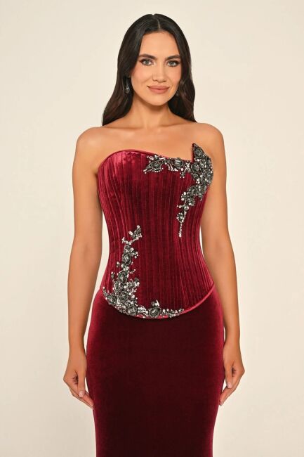 Bordo Asimetrik Yaka Etek-Krop Antrasit Taşlı Kadife Abiye Elbise 22 - 2