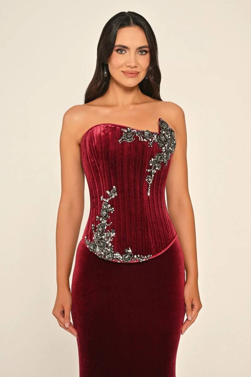 Bordo Asimetrik Yaka Etek-Krop Antrasit Taşlı Kadife Abiye Elbise 22 - 2