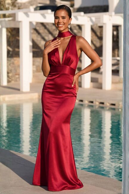 Bordo Boyundağ Bağlamalı Sırt Dekolteli Saten Abiye Elbise 77 - ICONASLINE