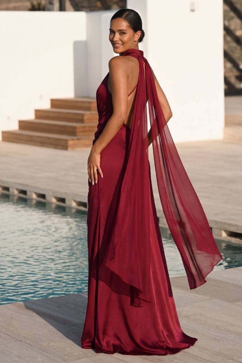 Bordo Boyundağ Bağlamalı Sırt Dekolteli Saten Abiye Elbise 77 - 3