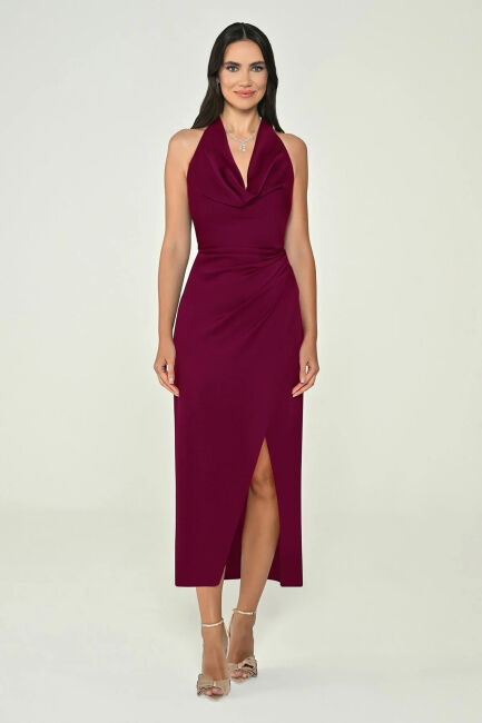 Bordo Boyundan Bağlı Degaje Yaka Anvelop Midi Abiye Elbise 72 - ALFABETA