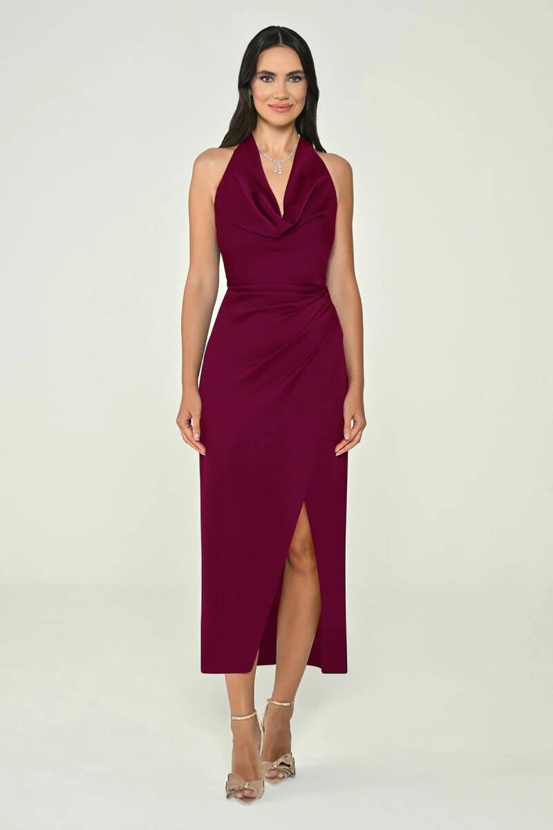 Bordo Boyundan Bağlı Degaje Yaka Anvelop Midi Abiye Elbise 72 - 1