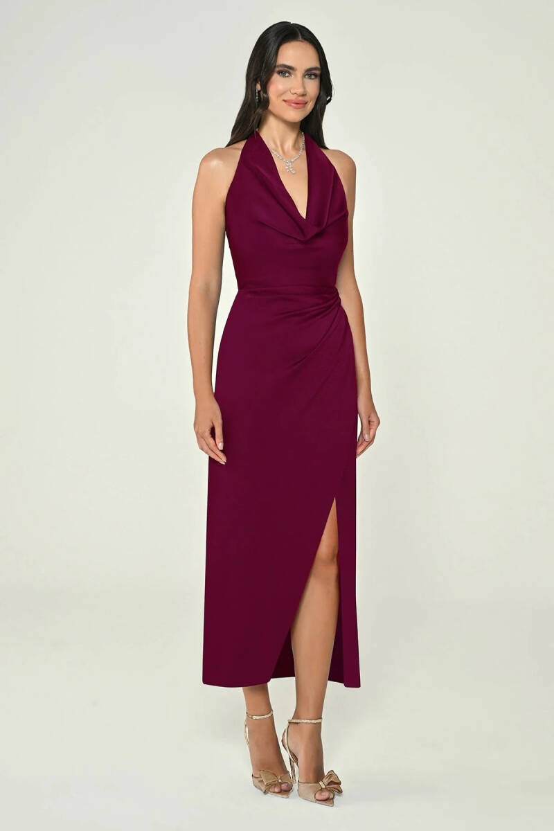 Bordo Boyundan Bağlı Degaje Yaka Anvelop Midi Abiye Elbise 72 - 2