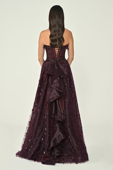 Bordo Straplez Büstiyerli İçi Mini Payetli Volanlı Abiye Elbise 31 - 4