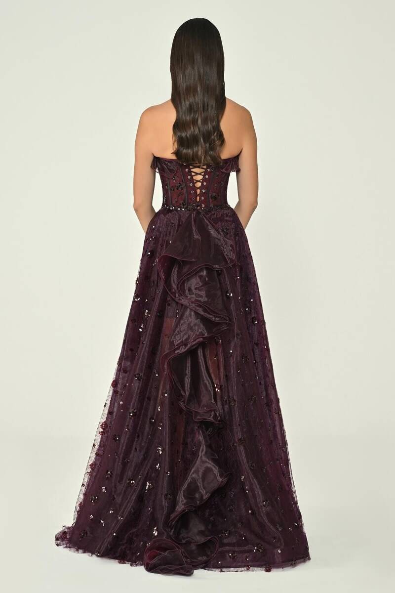 Bordo Straplez Büstiyerli İçi Mini Payetli Volanlı Abiye Elbise 31 - 4