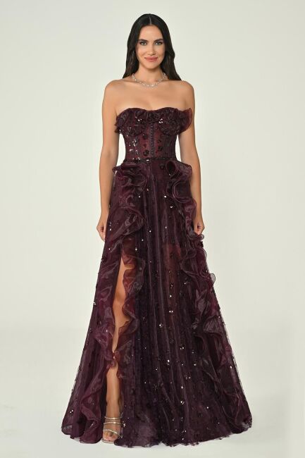 Bordo Straplez Büstiyerli İçi Mini Payetli Volanlı Abiye Elbise 31 - ALFABETA