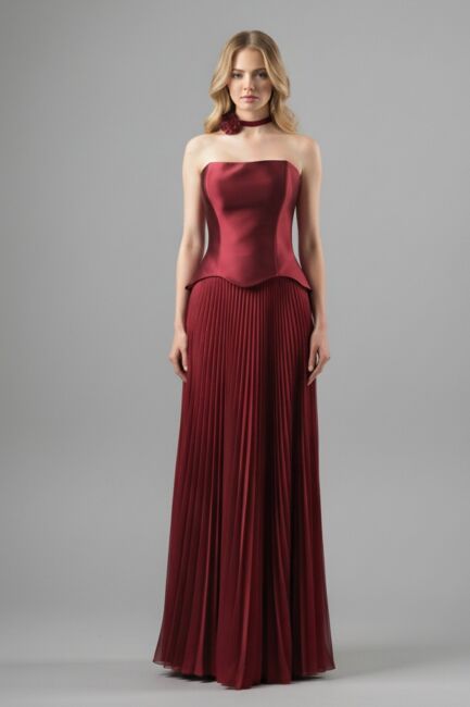 Bordo Straplez Eteği Plise Biritli Abiye Elbise 70 - MAXRA GOVANA