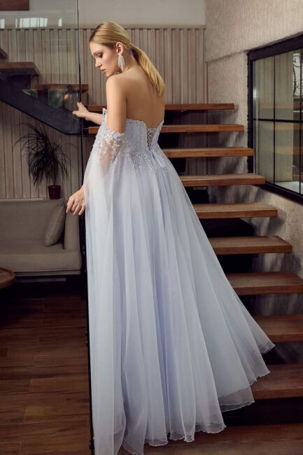 Buz Mavi Balenli Pelerin Kollu Taşlı Prenses Abiye Elbise 84 - 5