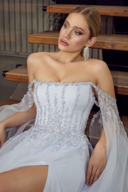 Buz Mavi Balenli Pelerin Kollu Taşlı Prenses Abiye Elbise 84 - 3