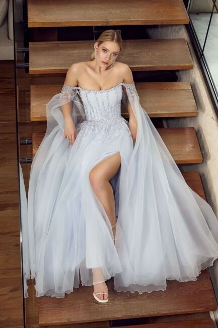 Buz Mavi Balenli Pelerin Kollu Taşlı Prenses Abiye Elbise 84 - 4