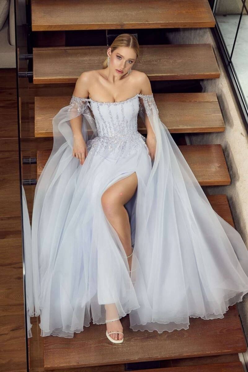 Buz Mavi Balenli Pelerin Kollu Taşlı Prenses Abiye Elbise 84 - 4