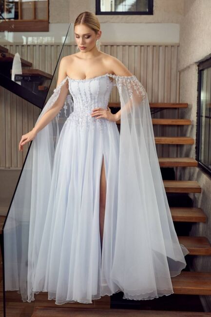 Buz Mavi Balenli Pelerin Kollu Taşlı Prenses Abiye Elbise 84 - 1