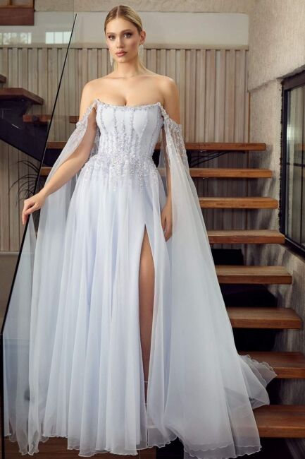 Buz Mavi Balenli Pelerin Kollu Taşlı Prenses Abiye Elbise 84 - 2