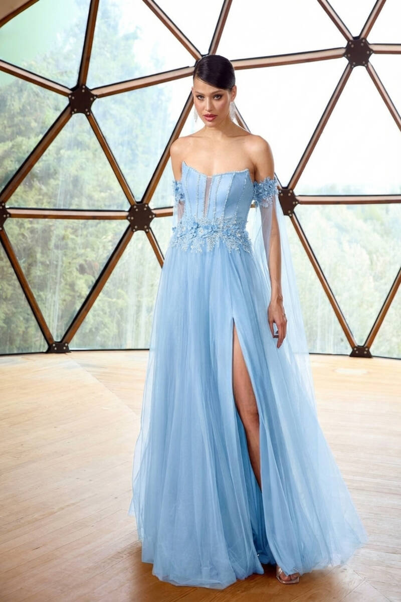 Buz Mavi Straplez Çiçekli Pelerin Kol Tül Abiye Elbise 57 - 1