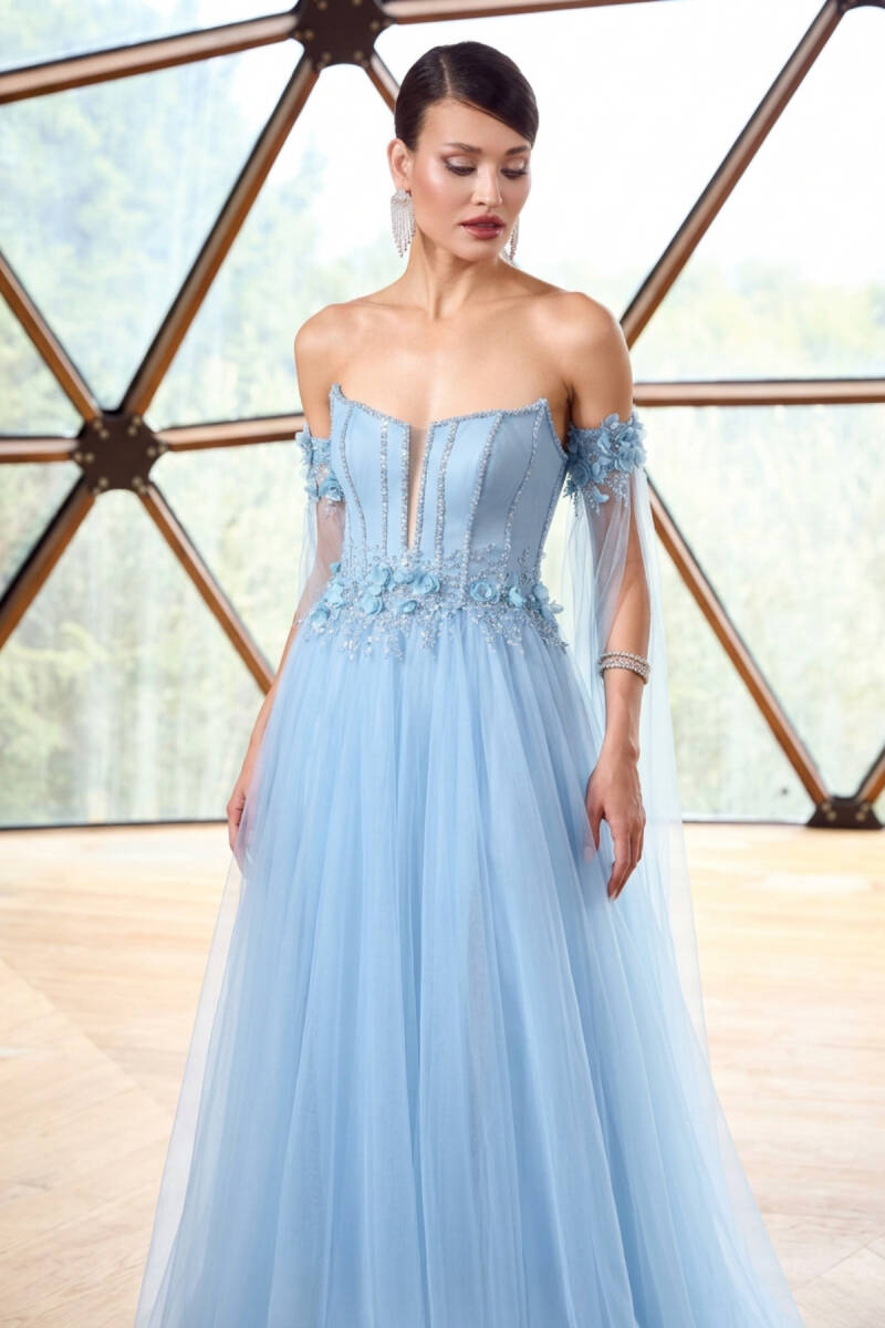 Buz Mavi Straplez Çiçekli Pelerin Kol Tül Abiye Elbise 57 - 2