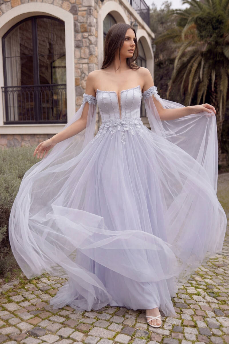 Buz Mavi Straplez Çiçekli Pelerin Kol Tül Abiye Elbise 57 - 1