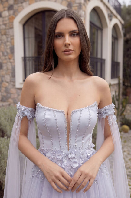 Buz Mavi Straplez Çiçekli Pelerin Kol Tül Abiye Elbise 57 - 2