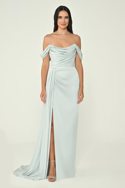 Buz Mavi Straplez Degaje Düşük Kol Yırtmaçlı Abiye Elbise - ALFABETA