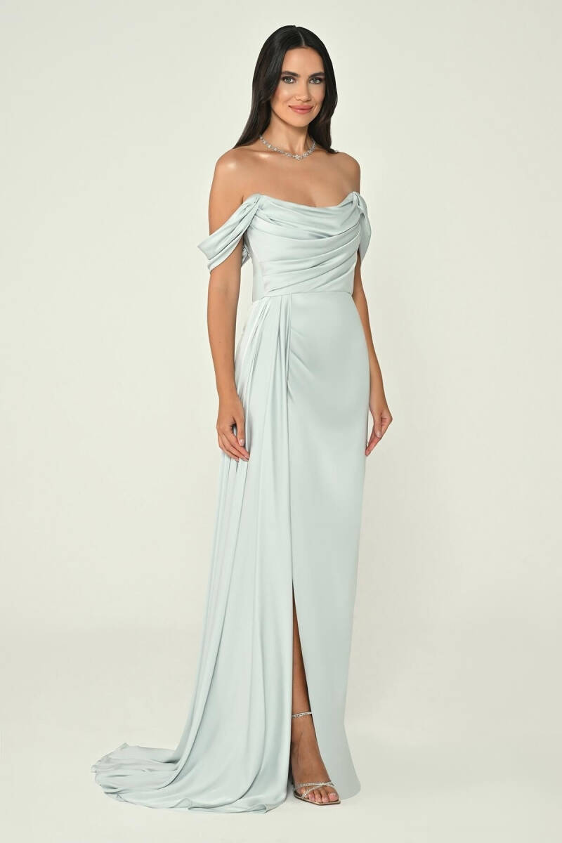 Buz Mavi Straplez Degaje Düşük Kol Yırtmaçlı Abiye Elbise - 3