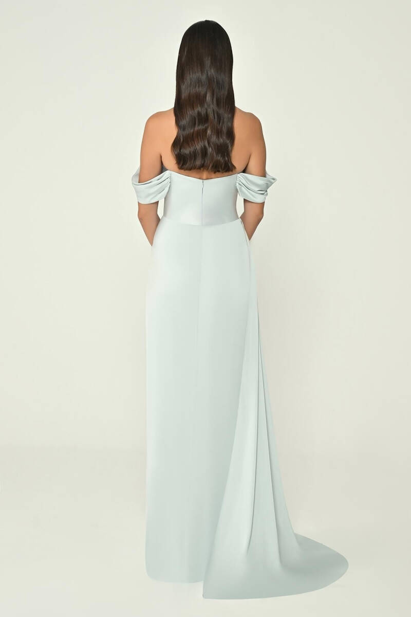 Buz Mavi Straplez Degaje Düşük Kol Yırtmaçlı Abiye Elbise - 4