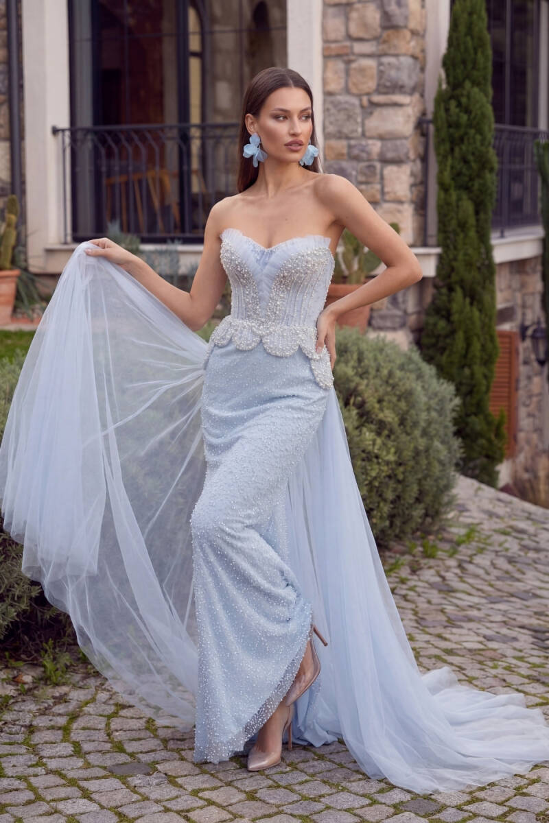 Buz Mavi Straplez Korsajlı Taş İşlemeli Balık Abiye Elbise 96 - 1