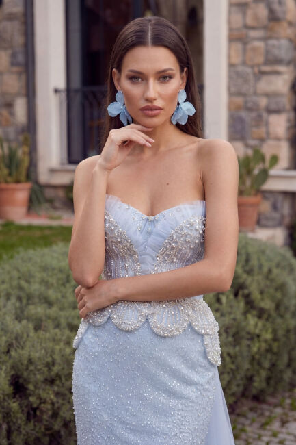 Buz Mavi Straplez Korsajlı Taş İşlemeli Balık Abiye Elbise 96 - 2