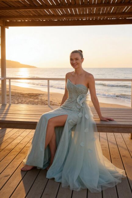 Çağla Y. Asimetrik Sivri Yaka Yandan Kuyruklu Abiye Elbise 98 - 3