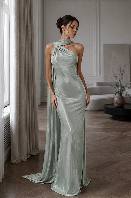 Çağla Y. Boynu Şallı Sırt Dekolteli Parlak Kumaş Abiye Elbise 35 - DRESSİNG ROOM