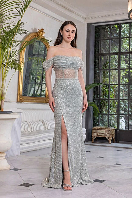 Çağla Y. Düşük Kol Drapeli İşlemeli Yırtmaçlı Abiye Elbise 63 - DRESSİNG ROOM
