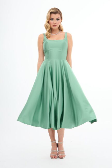 Çağla Y. Thick Strap Back Drawstring Midi Satin Evening Dress 31 - CARMEN