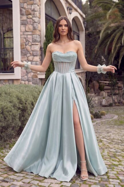 Çağla Y. Straplez Göğsü Payetli Mini Eldivenli Organze Abiye Elbise 49 - 2