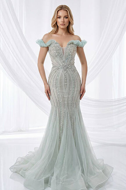Çağla Y. Volanlı Kayık Yaka Taşlı Balık Abiye Elbise 50 - DRESSİNG ROOM
