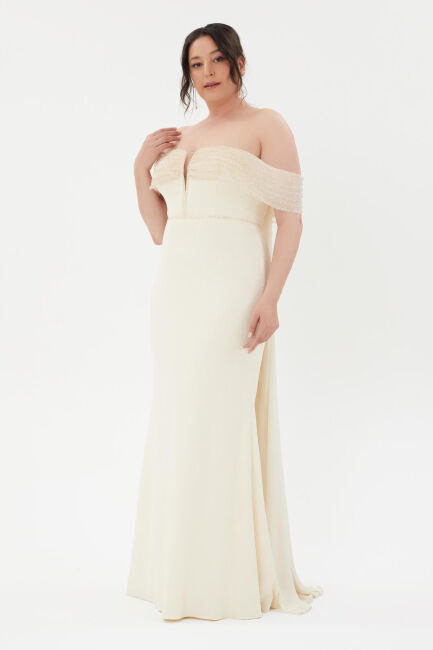 Champagne Low Sleeve Embroidered Summer Bow Detail Big Size Evening Dress 62 - 3
