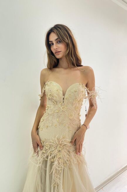 Champagne Rope Hang Embroidered Herbs Fish Evening Dress 48 