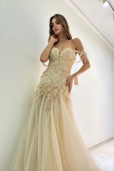 Champagne Rope Hang Embroidered Herbs Fish Evening Dress 48 - 2