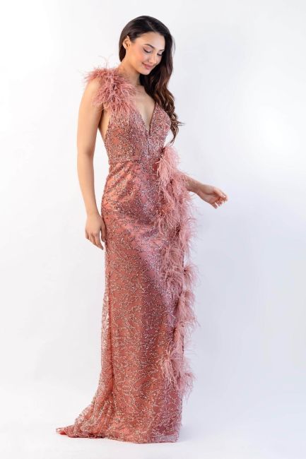Copper Rope Hanging Ridd Cross Feather Detail Detailed Evening Dress 01 - 1