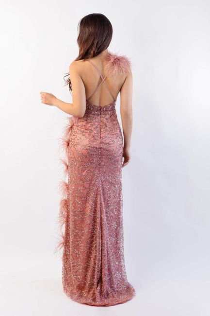 Copper Rope Hanging Ridd Cross Feather Detail Detailed Evening Dress 01 - 4
