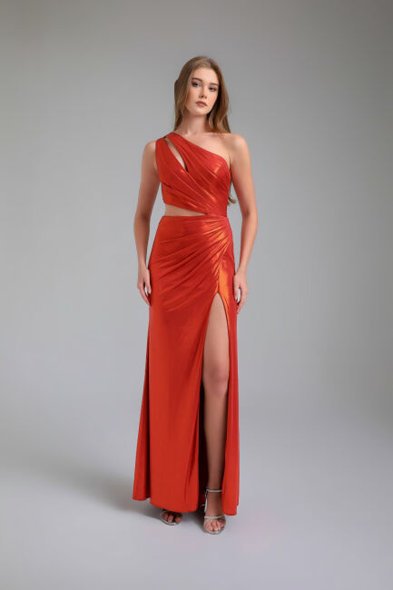 Copper Single Shoulder Side Décollette Slit Bright Fabric Dress 92 - 1
