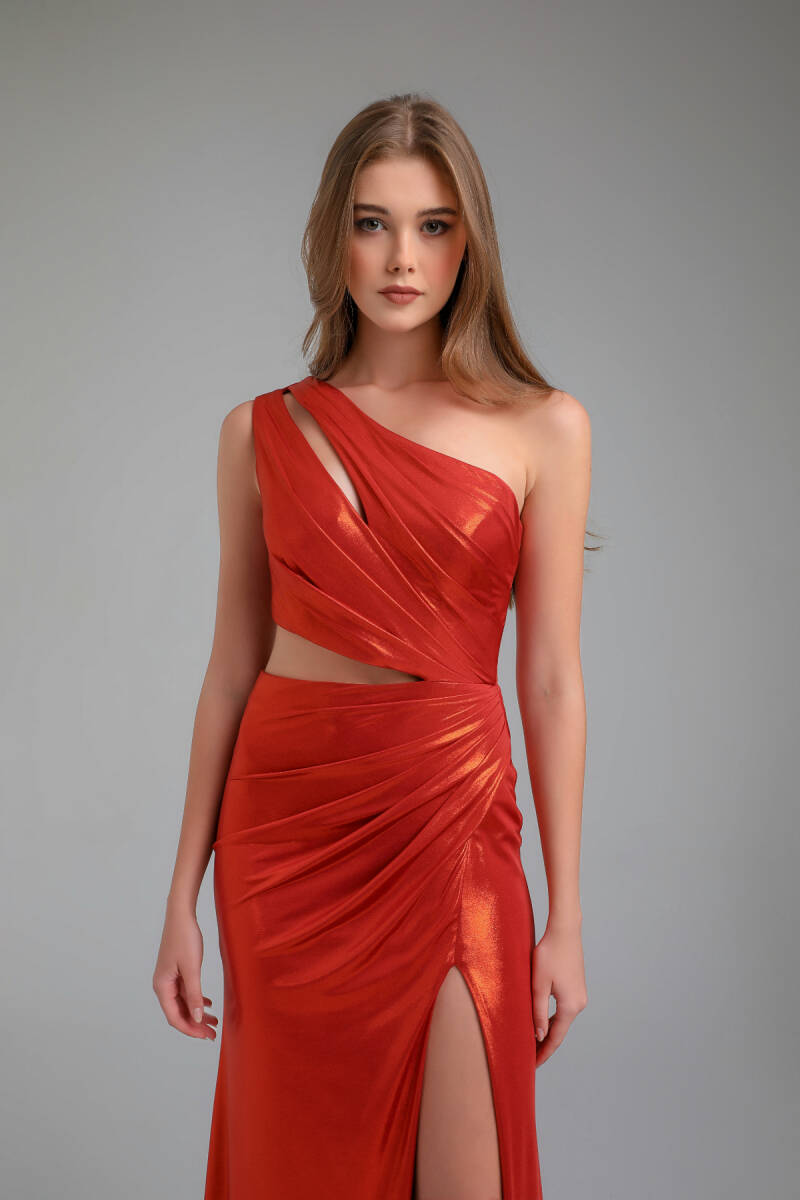 Copper Single Shoulder Side Décollette Slit Bright Fabric Dress 92 - 3