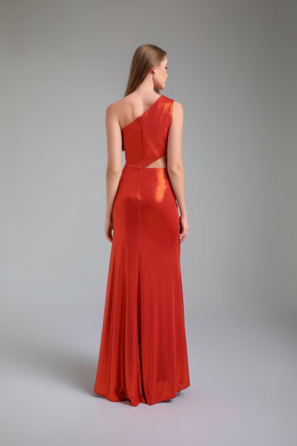 Copper Single Shoulder Side Décollette Slit Bright Fabric Dress 92 - 4