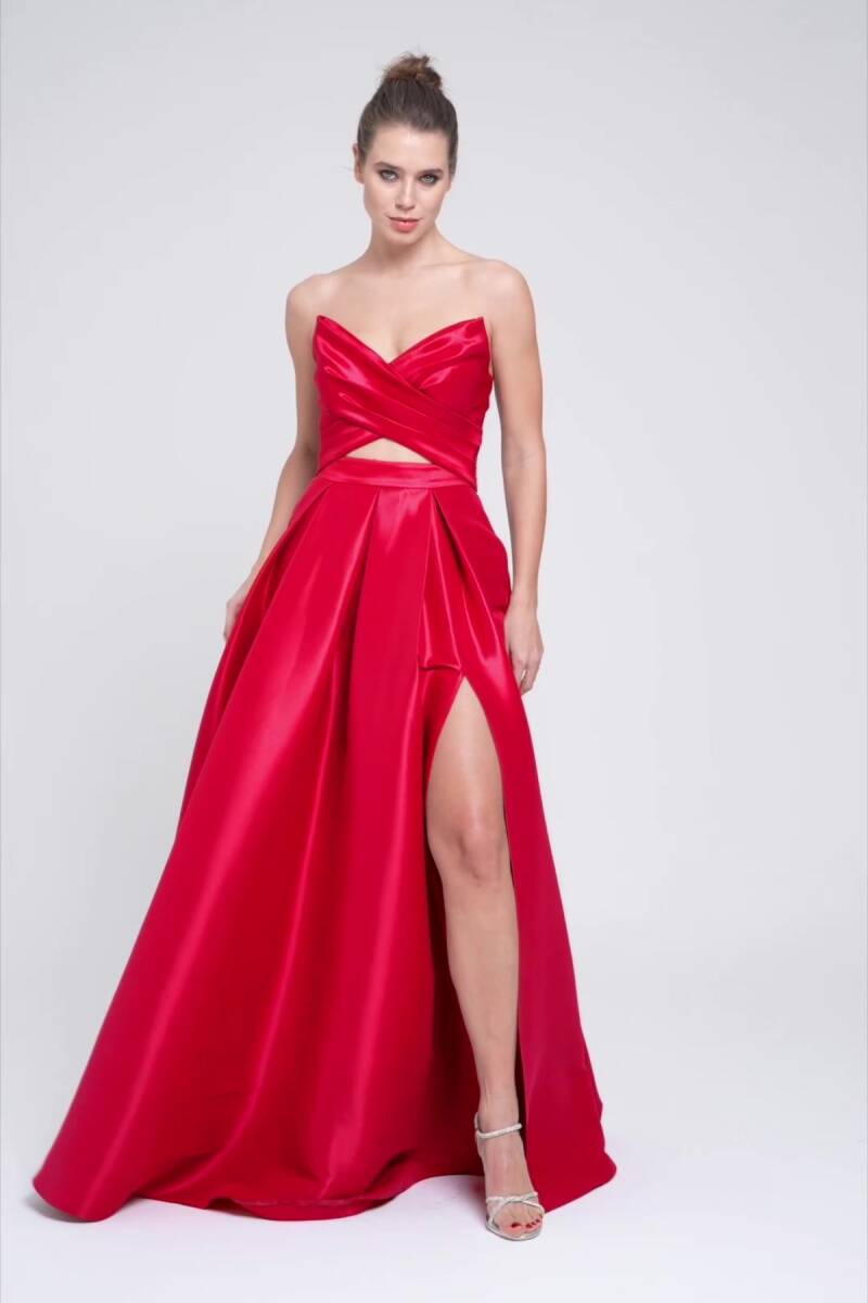 Décollette taffeta evening dress with red pointed collar pockets 50 - 2