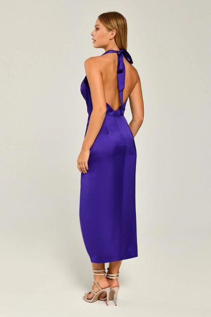 Purple Halter Neck Wrap Satin Midi Dress 55 - 4