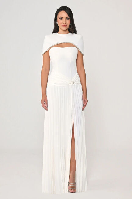 Ekru Bolerolu Belden Drapeli Plise Etek Abiye Elbise 12 - ALFABETA