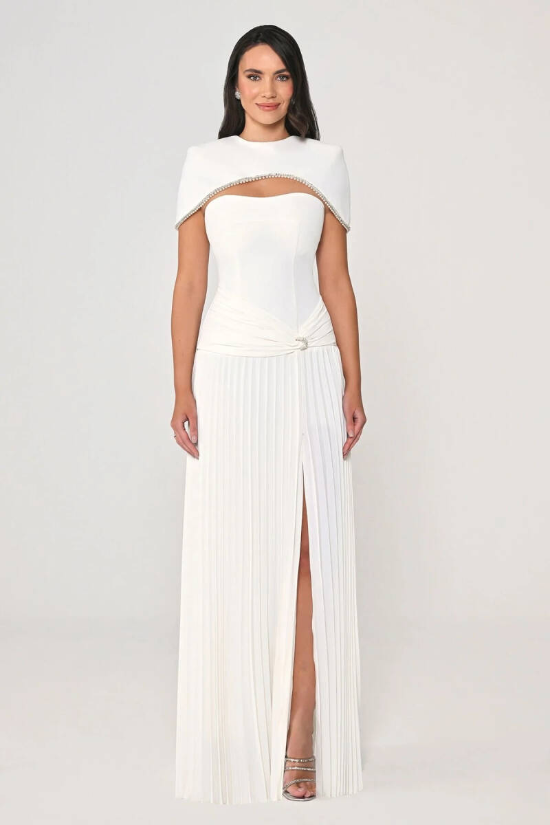 Ekru Bolerolu Belden Drapeli Plise Etek Abiye Elbise 12 - 1