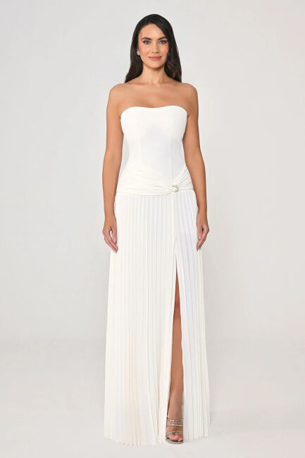 Ekru Bolerolu Belden Drapeli Plise Etek Abiye Elbise 12 - 2