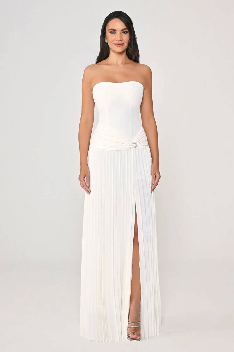 Ekru Bolerolu Belden Drapeli Plise Etek Abiye Elbise 12 - 2