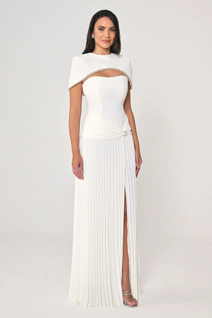 Ekru Bolerolu Belden Drapeli Plise Etek Abiye Elbise 12 - 4