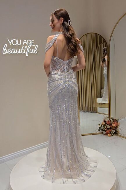 Ekru İp Askılı Tasma Detaylı İşlemeli Abiye Elbise 57 - 4