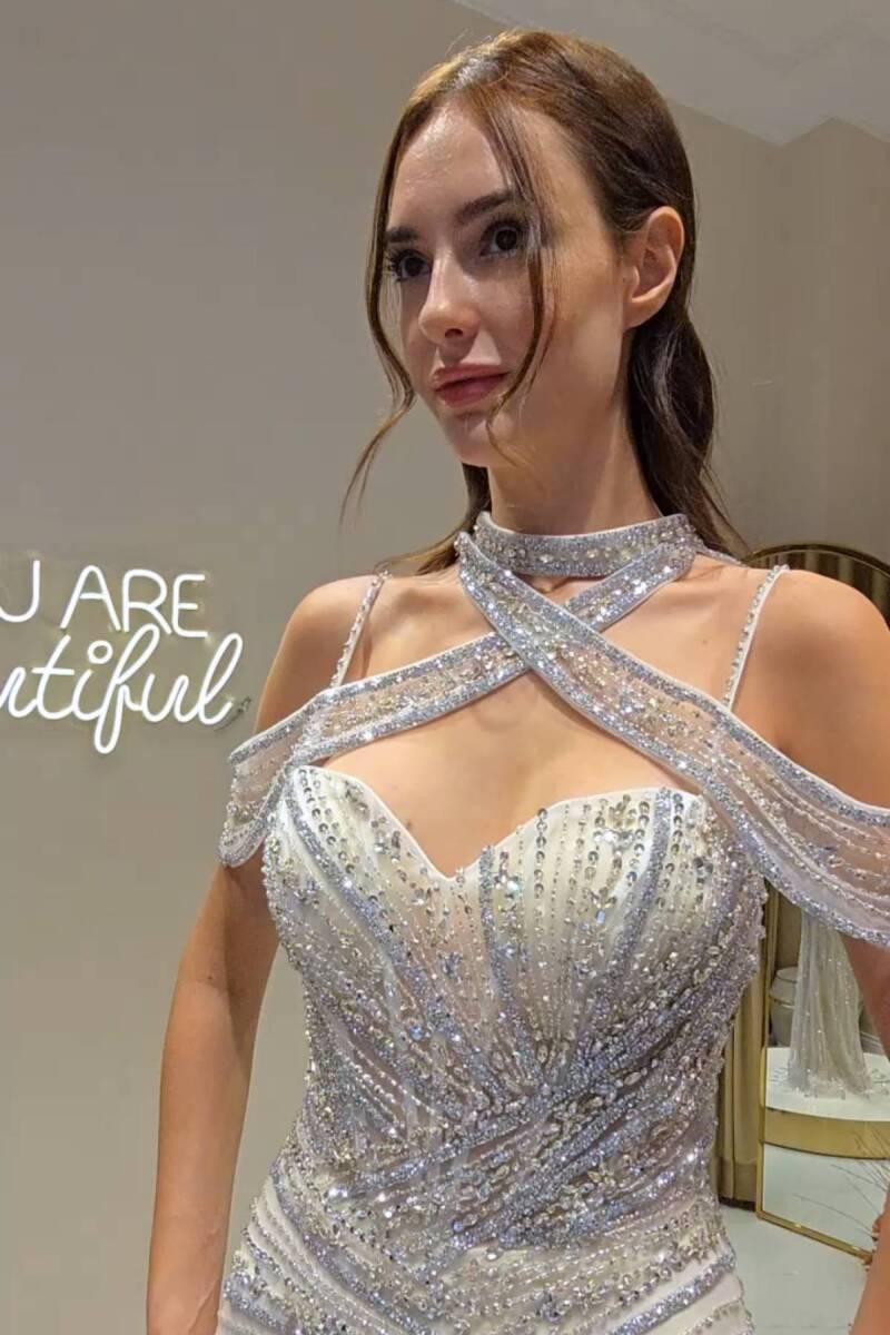 Ekru İp Askılı Tasma Detaylı İşlemeli Abiye Elbise 57 - 2