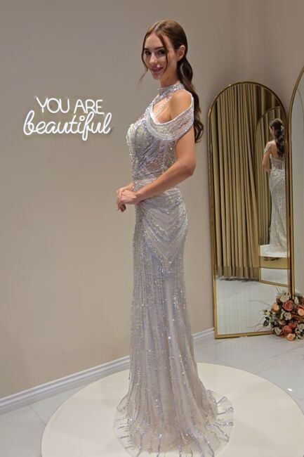 Ekru İp Askılı Tasma Detaylı İşlemeli Abiye Elbise 57 - 3